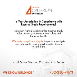 Reserve study compliance advertisement featuring the Criterium-Hanna Engineers logo at the top, followed by bold headline text asking if an association meets reserve study requirements. The body text explains that engineer-led inspections, analysis, and reporting help protect community safety and financial health, with an emphasis on simple compliance. The lower section displays contact information for Mina Hanna, P.E., along with the tagline “We Know Buildings” and a phone number, with a faint architectural line illustration in the background.