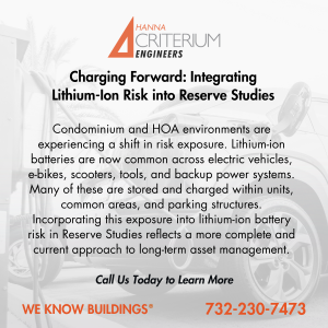 Promotional graphic for Criterium Engineers about integrating lithium-ion battery risk into Reserve Studies for condos and HOAs
